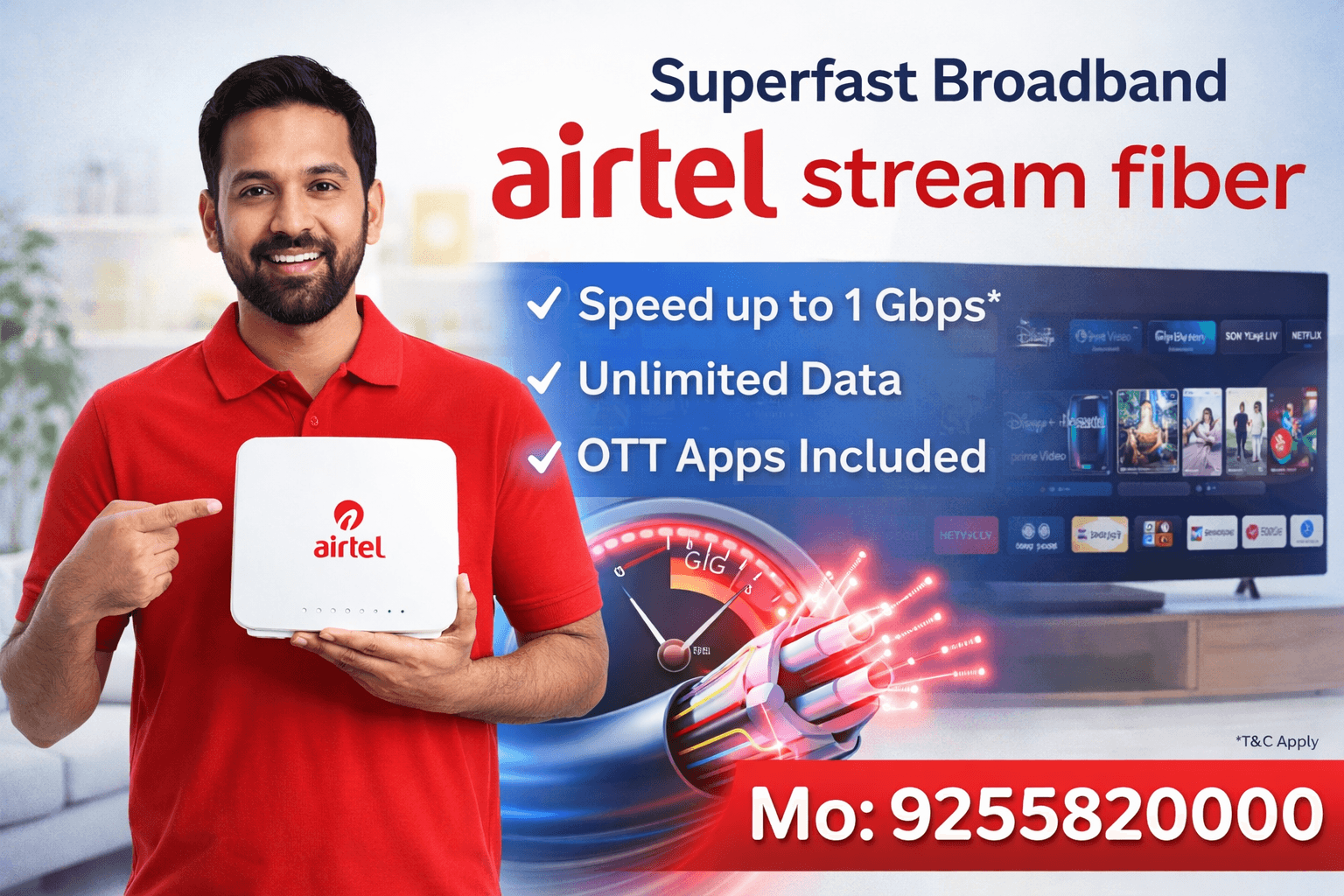 Man holding Airtel router with text promoting superfast fiber broadband, unlimited data, and OTT apps.