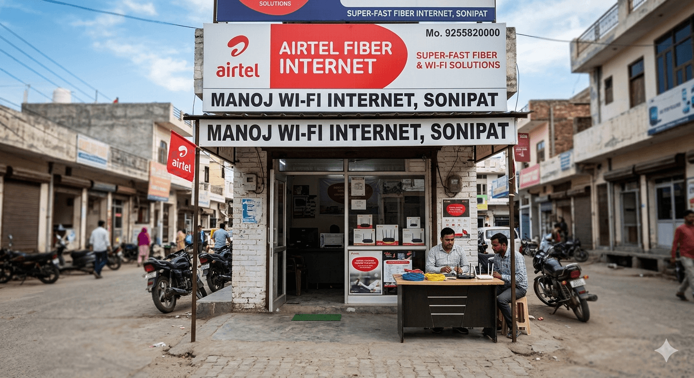 Two men sit at a desk outside an Airtel Fiber Internet shop in Sonipat.