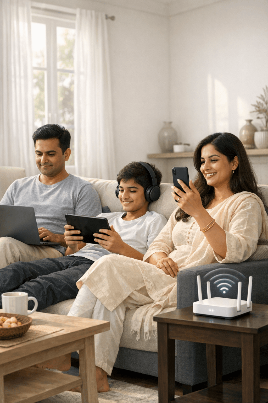 A cozy Indian family enjoying a connected Sunday morning at home in Sonipat, powered by MANOJ WIFI INTERNET fiber broadband.