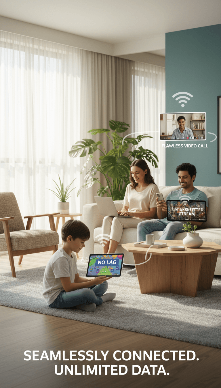 Family enjoying simultaneous internet usage with unlimited data