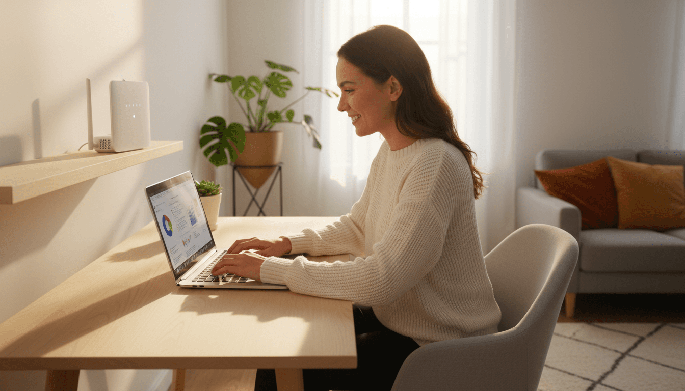 Professional woman working on laptop with fast, reliable internet connection in bright home office