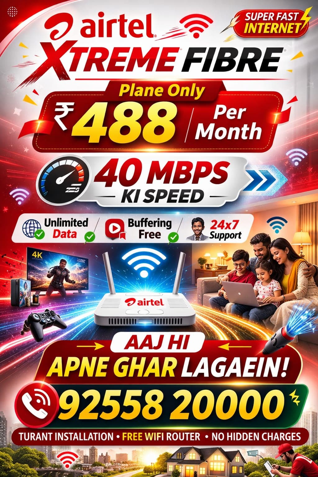 Airtel Xtreme Fibre poster offering 40 Mbps internet for ₹488 monthly with unlimited data.
