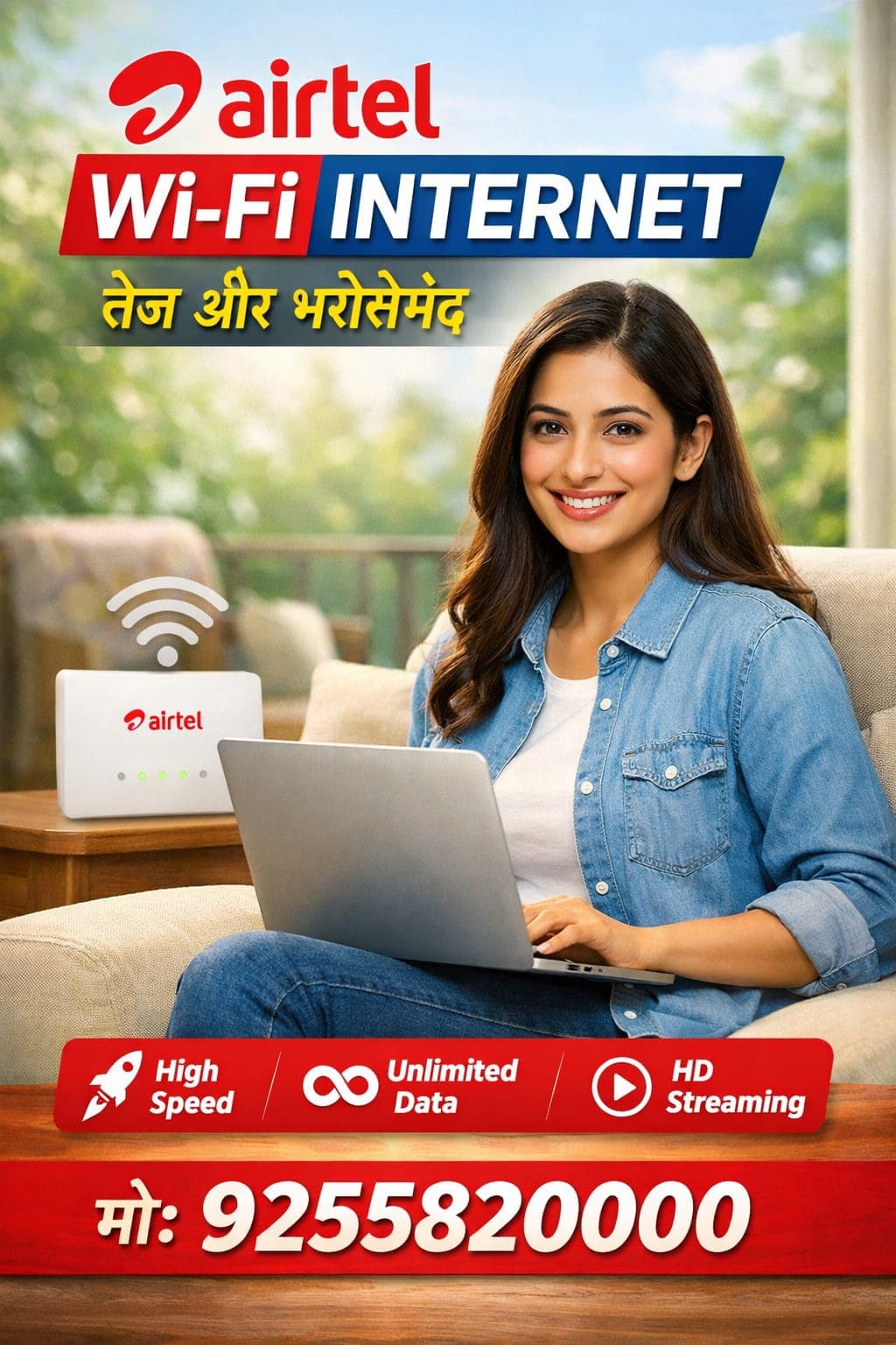 Smiling woman using a laptop next to an Airtel Wi-Fi router, promoting high-speed home internet.
