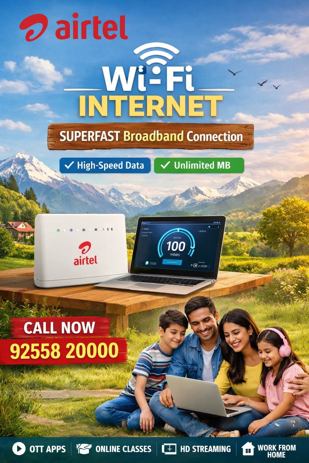 Airtel Wi-Fi advertisement featuring a family using a laptop in a scenic mountain landscape.
