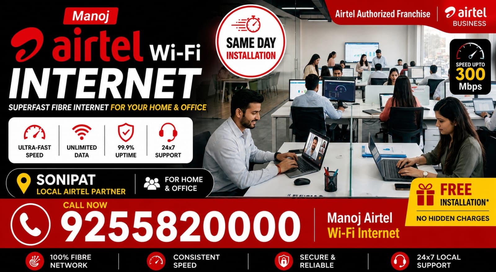 Airtel Wi-Fi internet advertisement for Sonipat featuring same day installation and 300 Mbps speed.